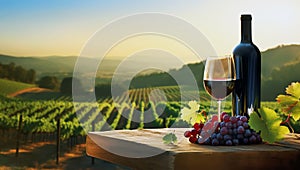 A bottle of red wine and glass, AI generated