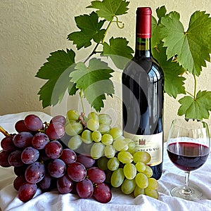 Bottle of red wine, glass and bunch of grapes on grey background.