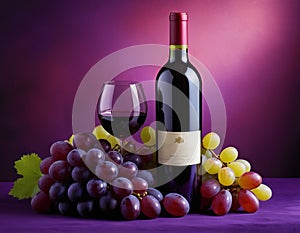 Bottle of red wine, glass and bunch of grapes on purple background