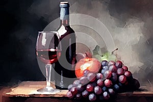 Bottle of red wine with glass and bunch of grapes, still life painted with watercolors on textured paper. Digital Watercolor