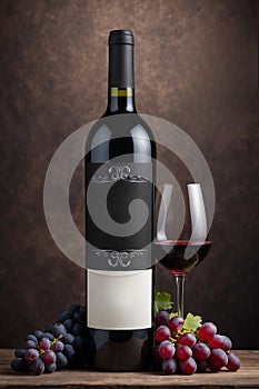 Bottle of red wine with glass and grapes on wooden table