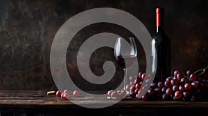 Bottle of red wine, glass of red wine, and grapes on a wooden table