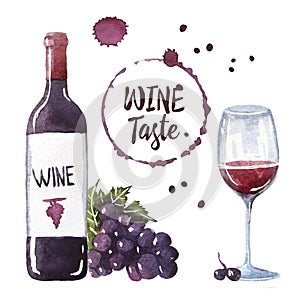 A bottle of red wine with a glass, vine branch and round wine stains. Watercolor hand drawn illustration