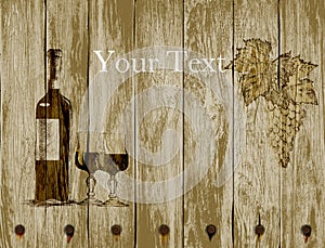 Bottle of red wine glasses and grapes on a wooden background.hand drawn