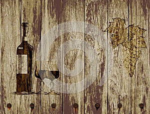 Bottle of red wine glasses and grapes on a wooden background.hand drawn