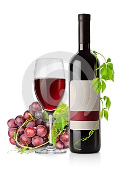 Bottle of red wine and grape