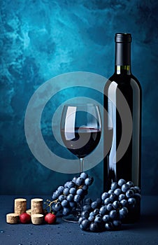 Bottle of red wine, grapes and blue glass on blue background.