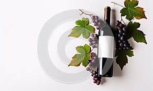 Bottle of red wine with red grapes and vine leaves on white background.