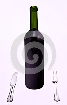 Bottle of red wine with knife and fork