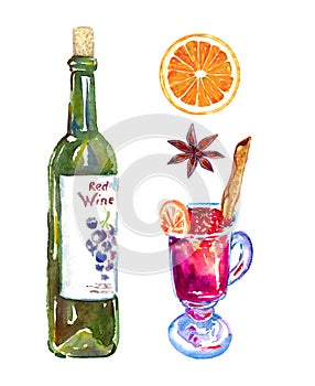 Bottle of red wine, mulled wine in glass with orange slice and cinnamon stick, colorful cookies collection, isolated on white