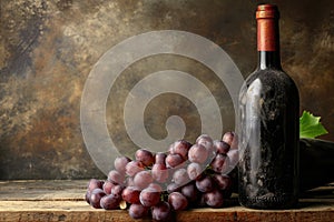 A bottle of red wine is placed next to a large bunch of ripe grapes, An old and expensive bottle of wine with a bouquet of grapes