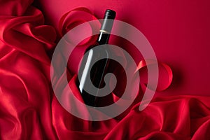 Bottle of red wine on a red background