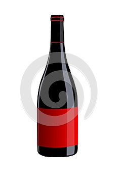 Bottle of red wine with red label on white background