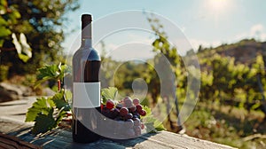Bottle of red wine with ripe grapes on wooden table, AI Generative