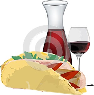 Bottle of red wine with stuffed piadina