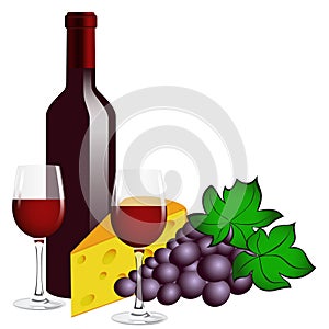 Bottle of red wine, two glasses, grape and cheese.