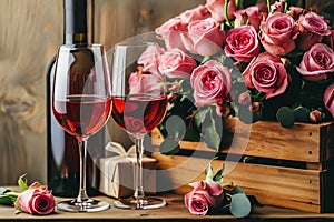 Bottle of red wine, two glasses, pink roses flowers in wooden box and gift on table.