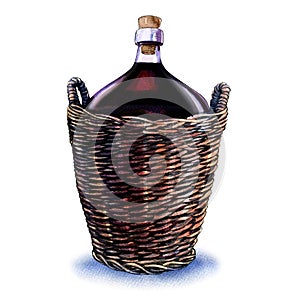 Bottle of red wine in wicker basket isolated on white