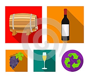 A bottle of red wine, a wine barrel, a glass of champagne, a bunch. Wine production set collection icons in flat style