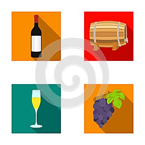 A bottle of red wine, a wine barrel, a glass of champagne, a bunch. Wine production set collection icons in flat style