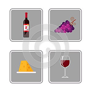 Bottle of red wine, wine glass, grapes and cheese, icons