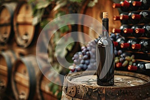 A bottle of red wine of wine stand on a wooden barrel, against the backdrop of oak barrels.