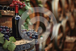 A bottle of red wine of wine stand on a wooden barrel, against the backdrop of oak barrels.