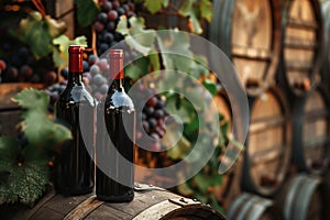 A bottle of red wine of wine stand on a wooden barrel, against the backdrop of oak barrels.