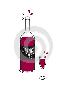 Una bottiglia da vino rosso un bicchieri di vino. disegno 