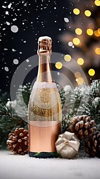 Bottle of rose champagne, sparklings, snowfall and christmas decorations