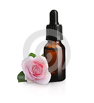 Bottle of rose essential oil and flower on white background