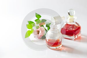 Bottle of rose essential oil and flowers on white background. Massage, aromatherapy and organic cosmetics concept