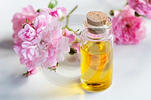 A bottle of rose essential oil with small rose blossoms