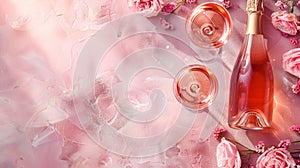 Bottle of rose sparkling wine, two filled wine glasses and rosebuds on textured pink background with daylight and strong