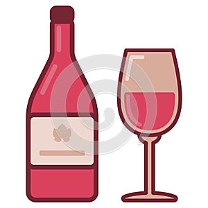 Bottle with rose wine and filled glass. Flat style illustration of pink bottle