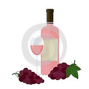 A bottle of rose wine  a glass  and grapes. Vector illustration