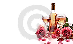 A bottle of rose wine without label, two glasses and a romantic bouquet of flowers on a white background