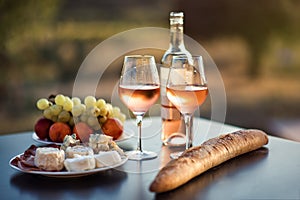 Bottle of rose wine and two full glasses of wine on table in heart of Provence, France with french bread, cheese, ham, grapes and