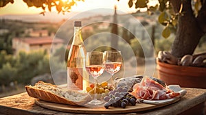 Bottle of rose wine and two full glasses of wine on table in heart of Provence, France with french bread, cheese, ham