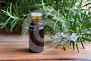 A bottle of rosemary essential oil with blooming rosemary twigs