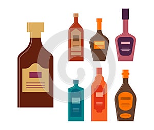 Bottle of rum balsam whiskey liquor gin tequila brandy. Graphic design for any purposes. Flat style. Color form. Party drink