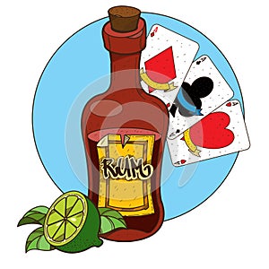 Bottle of rum and playing cards clipart on pirate theme