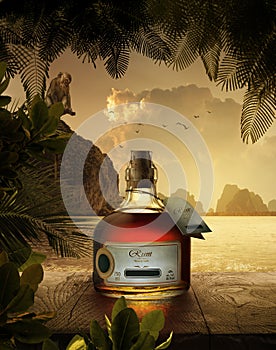 bottle of rum on sunset background.
