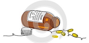 Bottle with scattered pills, tablets, capsules, vitamins. One continuous line art drawing vector illustration of drugs