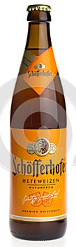 Bottle of Schofferhofer white wheat beer isolated on a white background