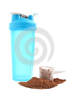 Bottle, scoop and pile of protein powder  on white