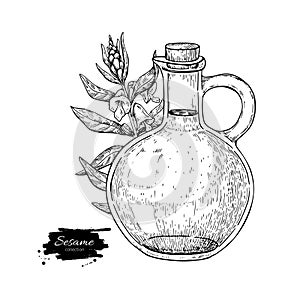 Bottle of sesame oil with plant. Vector Hand drawn illustration.