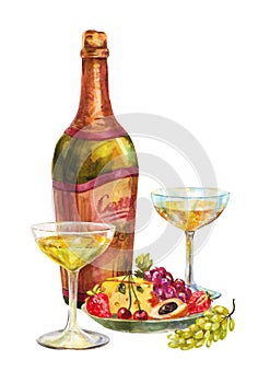 Champagne or white wine in the bottle and glasses. Watercolor composition with grapes, fruits and cheese suitable for degustation photo