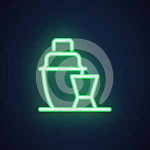 Bottle and shot drink neon icon. Alcoholic beverage symbol. Logo for night clubs, bars, pubs, happy hour, menu and other