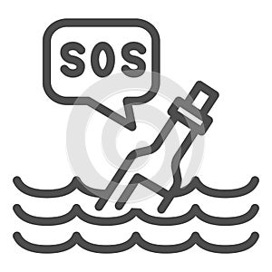 Bottle with sos message line icon, ocean concept, Bottle on wave sign on white background, Bottle floating on waves icon